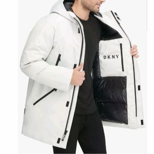dkny men's hooded puffer jacket